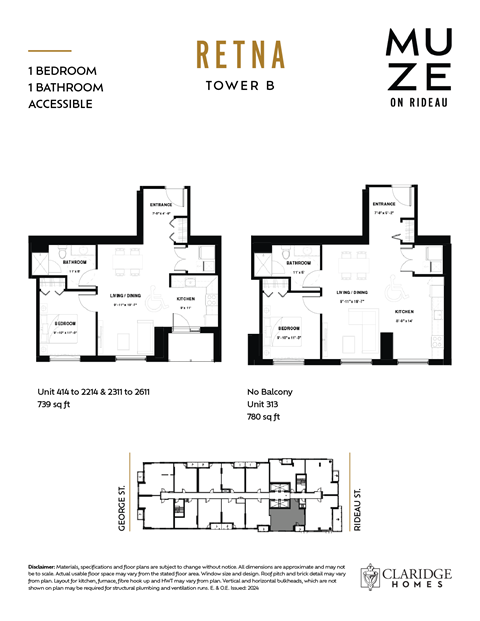 Floor plan for 1 bed, 1 bath, 739 sqft